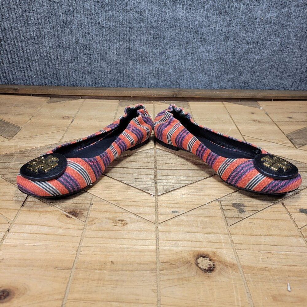 Tory Burch Reva Bauer 5.5M Ballet Flats Slip On Shoes Red Multi Stripe Canvas - Picture 5 of 11